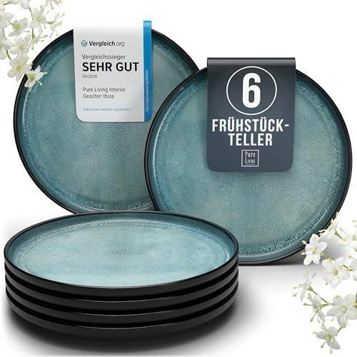 Steingut Frühstücksteller 6 Personen Ibiza TESTSIEGER, Traumhaftes Mediterranes Steingut Dessertteller Set, Kleine Teller, Salatteller - Pure Living in Petrol