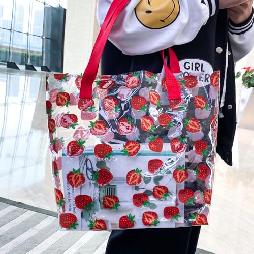 Kasepie 1 piece Strawberry pattern Large clear Tote work bags for Women Travel Shoulder Beach Bag Waterproof Beach Bag3
