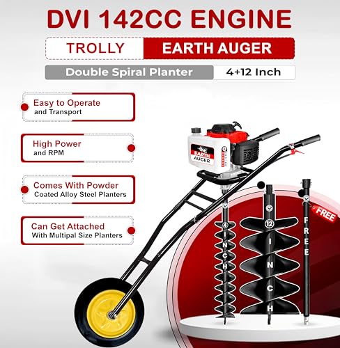 Image of DVI 142CC Trolley Earth Auger Machine, 4-Stroke Petrol Engine - with 4 Inch + 12 Inch Double Spiral Planter Bits & Free Extension Rod | for Plantation, Fencing & Post Hole Digging in All Soil Types.