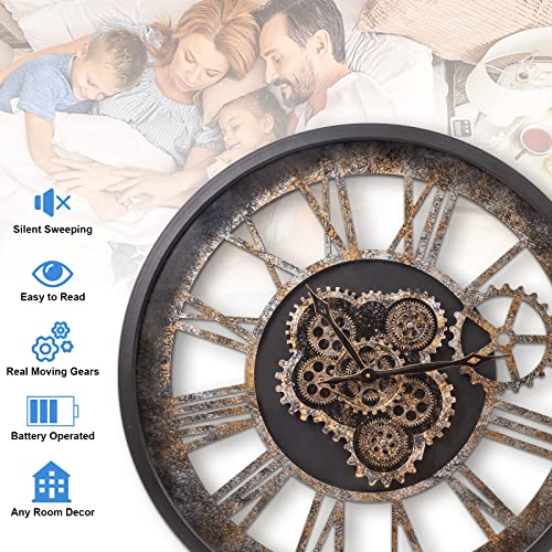 October Elf Real Moving Gears Wall Clock 24 Inch Vintage Industrial Steampunk Large Big Metal Wall Clock For Living Room Decor With Large Roman Numerals(Bronze With 23") #TOP4