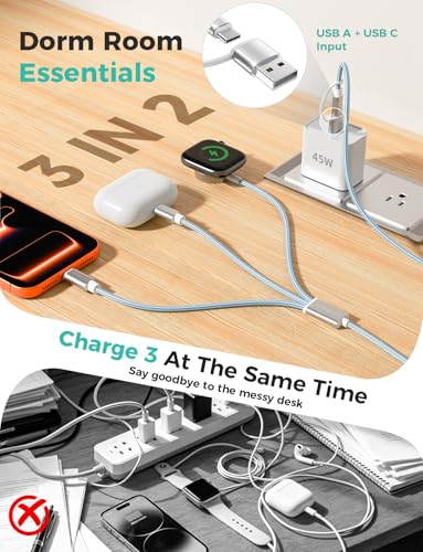 Image of 2Pack Travel Essentials,3 in 2 USB C Cable for Apple Watch Charger,iPhone Charger,Multi Charging Cable,Cruise Vacation Camping,Portable for iWatch Series 11-2 /Ultra /SE & iPhone 17-12,Car,Blue