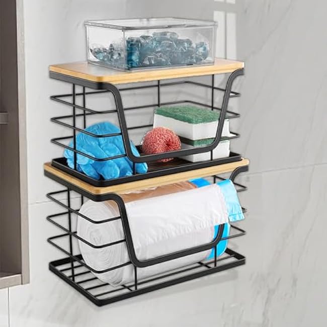 2 Pack Stackable Bamboo Top Trash Bag Holders - Under Sink Organizer for Kitchen & Laundry Room, No Tools Wall Mount Dispenser with FREE 70 Bags (Fits 13G & 33G Bags)