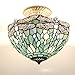 WERFACTORY Tiffany Ceiling Light Fixture Sea Blue Stained Glass Dragonfly Semi Flush Mount Lamp Wide 12 Inch, Height 11 Inch S147 Series