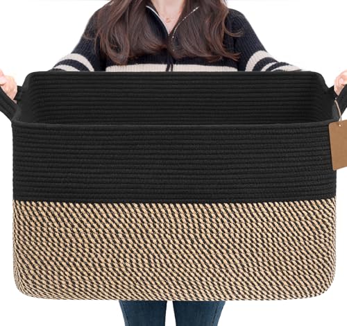 Image of Goodpick 75L Extra Large Woven Blanket Basket, Rectangle, Black & Jute
