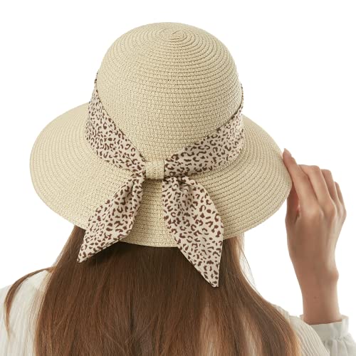 Straw Sun Hat for Women Summer Beach Wide Brim UV Protection Hats with Chin Strap Leopard Beige Floppy Foldable Packable Ladies Fashion Cute Bowknot Travel UPF 50 Cap for Girls