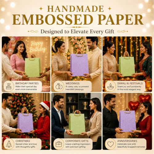Image of Handmade Paper Bags for Gifting - Gift Bags Medium Size - 8 x 11 x 3 Inch - Pack of 10 - Return Gift Bags for Pooja, Baby Shower, Festive Gifting, Birthday, Wedding - Paper Bags for Return Gifts - Purple, Pastel Green Bag