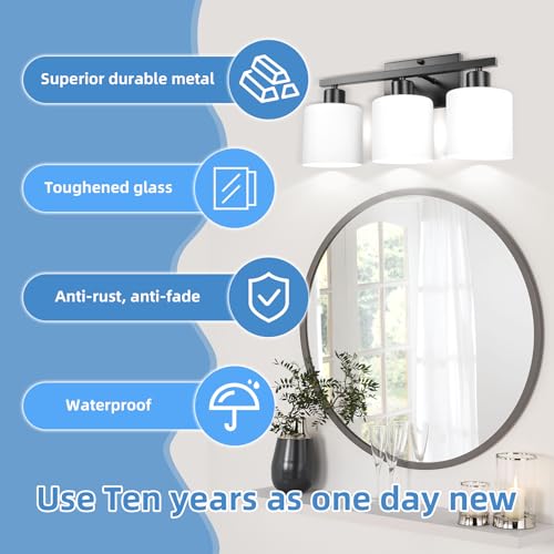 Image of SILAMPDI Black 3-Light Bathroom Vanity Light Fixtures Over Mirror, Modern Wall Sconces with Milky White Glass Shades for Living Room Hallway Cabinet, E26 Base(Bulbs Not Included)