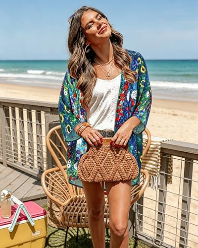 Image of Women's Floral Print Puff Sleeve Kimono Cardigan Loose Cover Up Casual Blouse Tops 2026