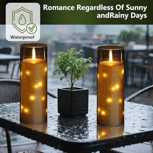 Image of kakoya 11 inch x 4 inch Large Outdoor Waterproof Flameless LED Candles with Remote and Timer,Acrylic Pillar Candles Battery Operated with Embedded Star String for Porch,Patio,Outdoor Decor,Set of 2(Grey)
