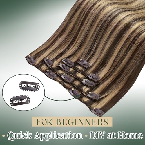Image of Ugeat Human Hair Extensions Clip ins Highlight 12 Inch 5pcs 85g Softness | Hair Extensions Real Human Hair Clip ins , Chocolate Brown Highlights Caramel Blonde , Shoulder Length