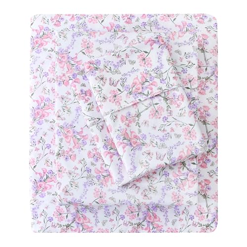 Mooreeke Cozy Vintage Microfiber Printed Queen Sheet Set - Soft Breathable Percale Cotton Floral Bed Sheets with Deep Pocket - Non-Slip Fitted Design - Pink Purple Flowers Pattern