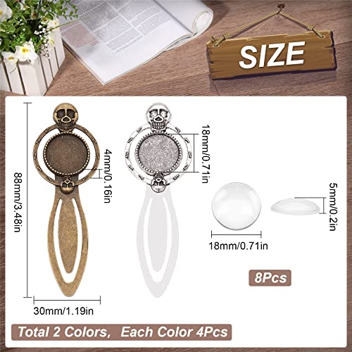 SUNNYCLUE 1 Box 16Pcs DIY 8 Sets Bookmark Pendant Tray Halloween Skull Bookmarks Skeleton Head Metal Book Mark Trays Clear Glass Cabochons Vintage Style Bookmarks for Book Lovers School DIY Craft - Image 2
