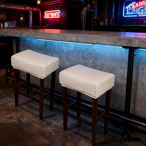 Image of Waterproof Rectangle Bar Stool Covers Set of 2 Stretch Beige Diamond Jacquard Backless Barstool Chair Covers 2 Pack Washable