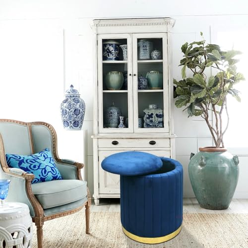 Image of Round Velvet Luxurious Storage Ottoman, Pouf with Storage Vanity Stool Chair,Upholstered Foot Rest Stool with Gold Strip Base for Living Room or Bedroom (Blue., Large-40Dx40Wx46H)