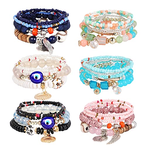 4/6 bohemio apilable pulsera con cuentas conjunto para Mujeres Hombres elástico multicapa brazalete pulsera Multicolor hecho a mano encanto borla pulsera (6 pulseras) Cover