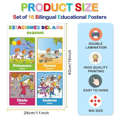 Image of EggSun 16 Pcs Bilingual Learning Posters for School Classroom Decorations, 11 x 16in Poster Charts for Teachers Primary Middle High School Supplies Education Classroom Bulletin Board Wall Decor