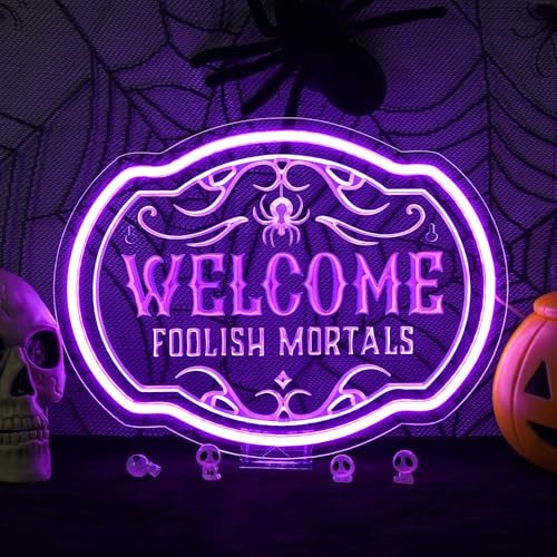 Horseneon Welcome Foolish Mortals Christmas Neon Sign Haunted Mansion LED Wall Decor for Door Mab Cave Light Horror Movie Parties & Themed Bars Spooky Flicker Effect Christmas Gifts