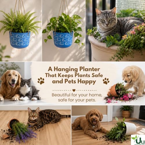 Image of Urban Upvan Elephant Printed Blue Hangingpot with Rope - Premium Decorative Planter for Indoor & Outdoor Plants, Modern Elegant Flower Pot for Home, Garden & Office