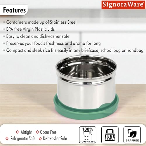 Image of Signora Ware Mini Fresh Stainless Steel Small Container | Airtight & Leakproof | Compact & Travel-Friendly | Easy to Carry | Perfect for Office, School & Home Use (140ml | EGreen)