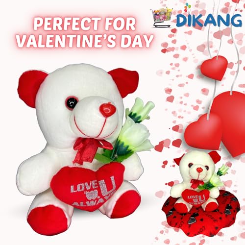 Image of DIKANG Cute Teddy Bear with Heart Pillow for Valentine's Day Gift | Valentine Gift for Boyfriend /Girlfriend /Husband /Wife (25 CM, Off White & RED)