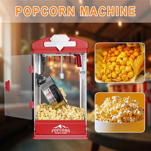 Image of 8 Oz Popcorn Machine Maker, Countertop Pop Corn Machine, Tabletop Popcorn Machine Makes Up to 32 Cups, Movie Theater Popcorn Popper Machine with Stainless-Steel Kettle for Home Family, 300 W, Red