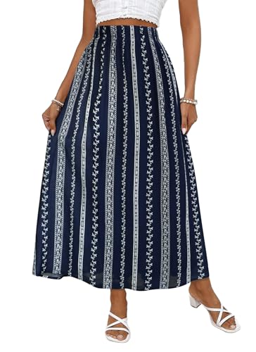 Herou Women A Line Skirt Boho Mesh Maxi Skirts High Waist Striped Embroidery-Like Pattern Long Skirts with Underneath
