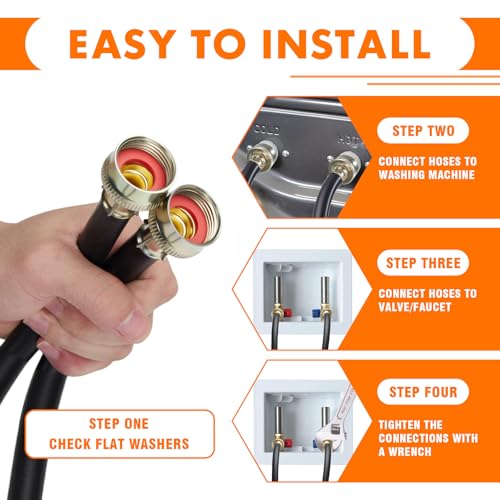 6FT Washing Machine Hoses Black Rubber Hot and Cold Water Supply Line, Long Burst Proof 3/4" FHT x 3/4" FHT (2 Pack)