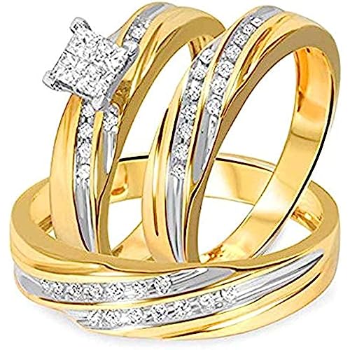 Princess Cut White Diamond 925 Sterling Silver 14K Yellow Gold Finish Engagement/Wedding Trio Ring Set for Him & Her