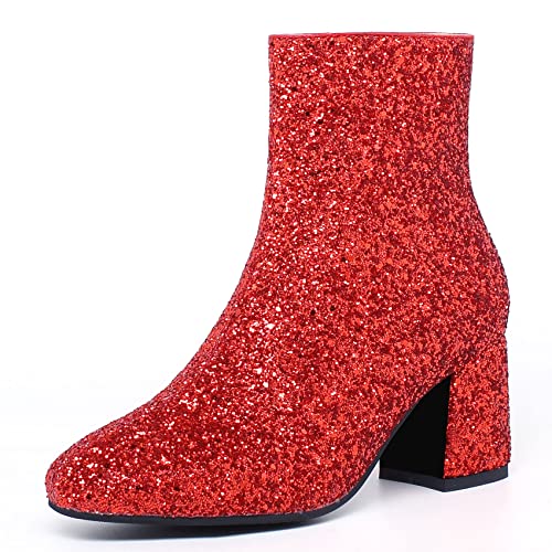 SEIFIN Women's Sequins Glitter Chunky Heel Ankle Boots Sparkly Wedding Bridal Party Dress Shoes Block Mid Heels Side Zipper Booties