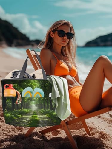 Beach Bags Women Mesh Tote Bag Summer Countryside Tree Path Toy Grocery Pool Bag with Pockets for Travel/Picnic/Shower4