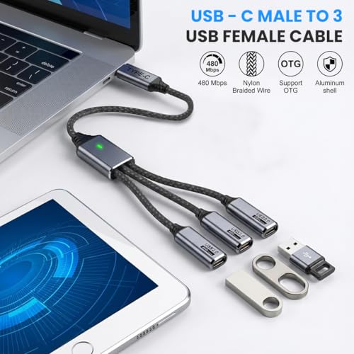 Image of Verilux 3 in 1 Type C Cable Fast Charging, Type C Male to 3 Female Nylon Braided Cable Support 480Mbps Data Transfer for iPhone 17 /16 /15 Series, Galaxy S25 /S24, Flash Drive, HUB, Tablets, MacBook