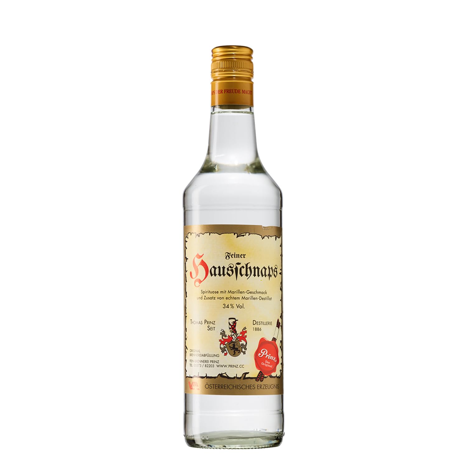 Prinz - Hausschnaps Marille | Das Original von Prinz - der "Hausi" | Milder Marillen-Schnaps mit 34% vol, 0.7 l