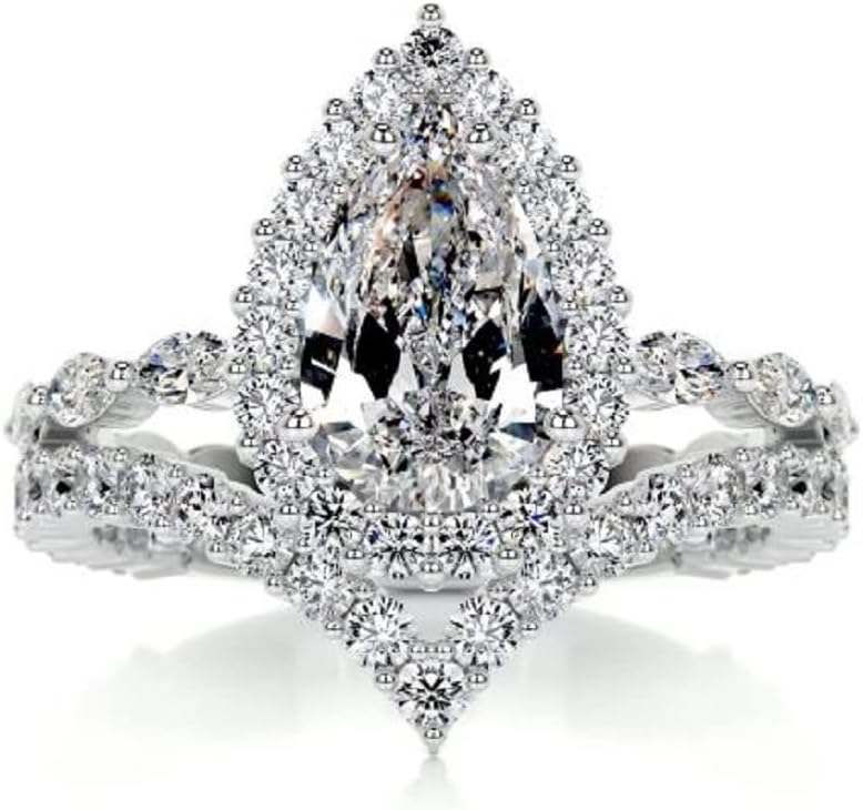 4 CT Pear Cut Halo Wedding Ring Set Handmade Engagement Ring for Women Anniversary Promise Gifts for Her Moissanite