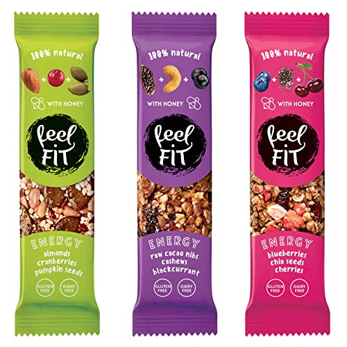 Feel FIT Energieriegel mit Nüssen, Samen, Früchten, Honig, Naturriegel, glutenfrei, laktosefrei, gesunde Snacks (3 Geschmacksrichtungen x 4) Cover