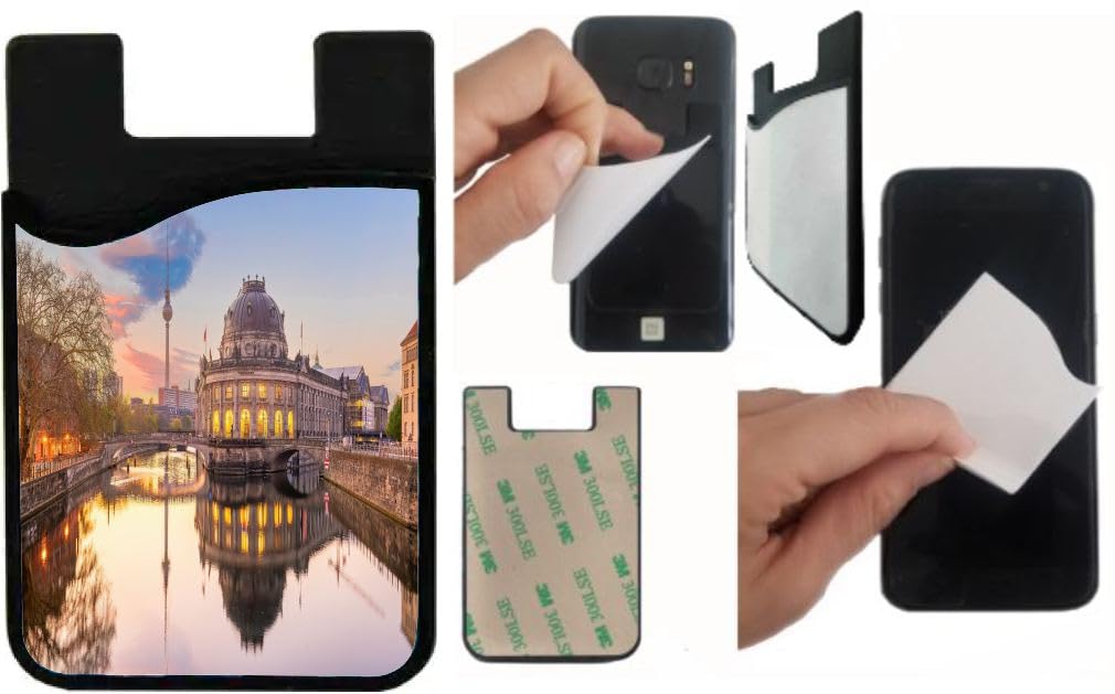 Island Gifting Neoprene Stick-on ID Card Holder for iPhone/Galaxy/Google Android Cases Featuring Image of The Downtown City Skyline in Germany Berlin