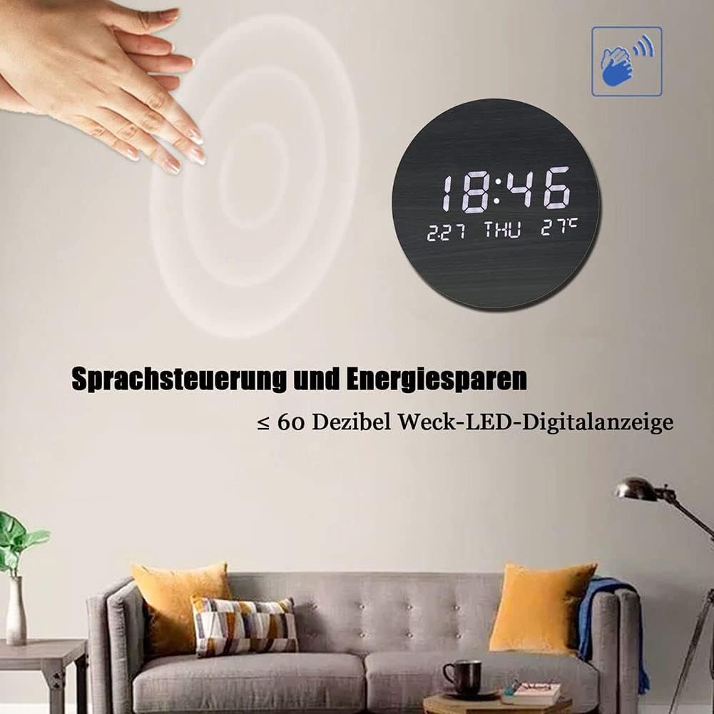 Wanduhr Mit Temperaturanzeige & Digitaler Kalender, Wanddeko, Runden USB Wanduhren Modern Wohnzimmer, Kleine Holz Led Uhr Digital Küchenuhren Intelligent Funk Lautlos Tischuhren Beleuchtet 7.56 Zoll