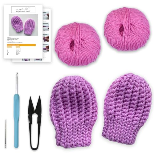Image of picknMAKE DIY Crochet Set of Baby Thumbless Mittens Kit for Beginners Adult- Includes Purple Pink Wool, 3mm Crochet Hook, Needles, Cutter & Step-by-Step Instructions