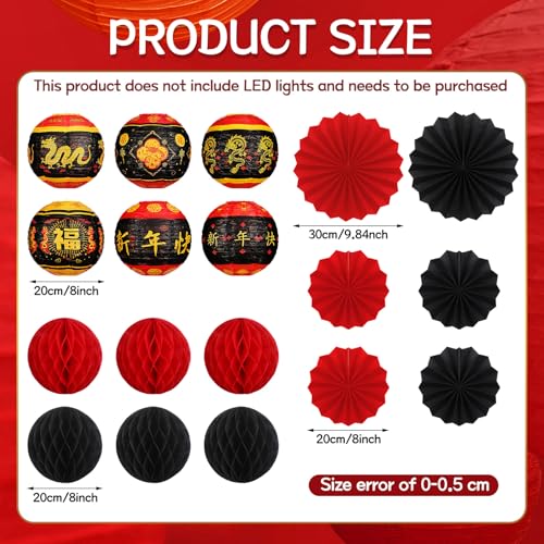 Image of Retisee 18 Pcs 2026 Chinese Lunar New Year Decorations Lunar New Year Paper Lanterns Hanging Paper Fans Red and Black Honeycomb Balls Chinese Lanterns Asian Decor for Spring Festival Celebration