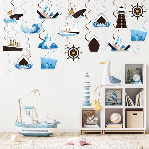 Image of CHUNNIN 60PCS Nautical Party Supplies Cruise Hanging Swirls Ship Swirls Ocean Cruise Party Swirls Foil Ceiling Streamers for Nautical Cruise Theme Party Decor Ocean Theme Shower Birthday Favors