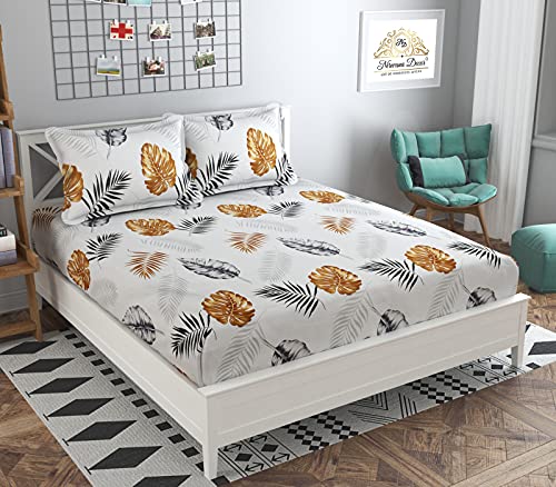 Image of Fitzy Fitted bedsheet King Size, Elastic bedsheet, 72x78 inches + 10 inches Drop, with 2 Pillow Covers (White Leaf, 60 inch x 78 inch)