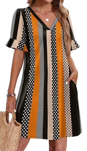 Image of OFEEFAN Summer Dresses for Women Ruffle Short Sleeve V Neck Casual Shift Dress with Pockets