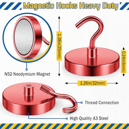Image of FINDMAG Magnetic Hooks for Cruise Cabins, 110lbs Magnetic Hooks | Cruise Ship Magnets for Grill, Classroom Organization, Strong Fridge Magnets, Office Supplies, 6 Pack, Red