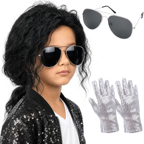 Kids Black Ponytail Wig with Glasses &amp; Gloves for 80s Disco Rock Costume