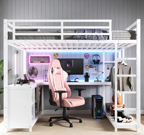 Image of Bellemave Full Size loft Bed with L Desk, Wardrobe, Metal Full Loft Bed Frame for Adults, Kids, Teens, White