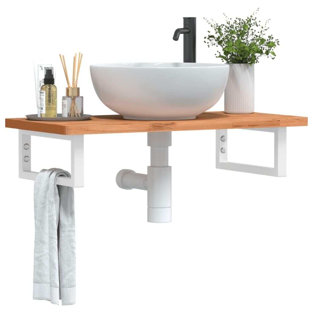 Scaffale per lavandino, montaggio a parete, in acciaio e legno massello di faggio, 80 x 40 cm, con 2 supporti bianchi, salvaspazio per bagno, ripiano stabile per lavabo e mobili da bagno