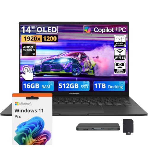 Image of ASUS Zenbook 14 14 inch FHD+ OLED Touchscreen Laptop, AMD Ryzen AI 9 465, 16GB RAM, 1.5TB Storage (512GB SSD+1TB Docking Station), AMD Radeon GPU, Copilot+ PC, Backlit Keyboard, Win 11 Pro, Jasper Gray