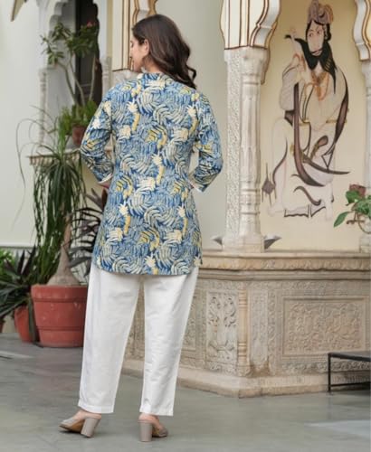 Image of Women's Cotton Floral Printed V-Neck A-Line Kurta /Regular Fit Kurti-3 /4 Sleeve