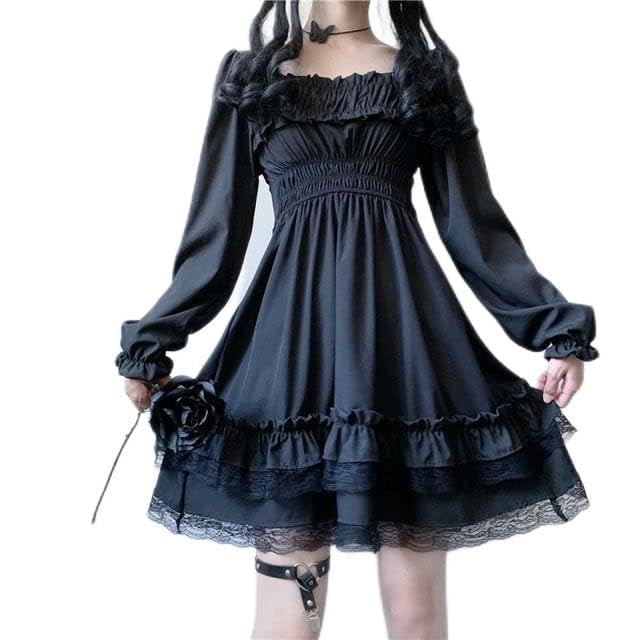 Robe Harajuku gothique à col carré en dentelle à volants - Robe Lolita noire Y2k - Robe de fête à manches longues