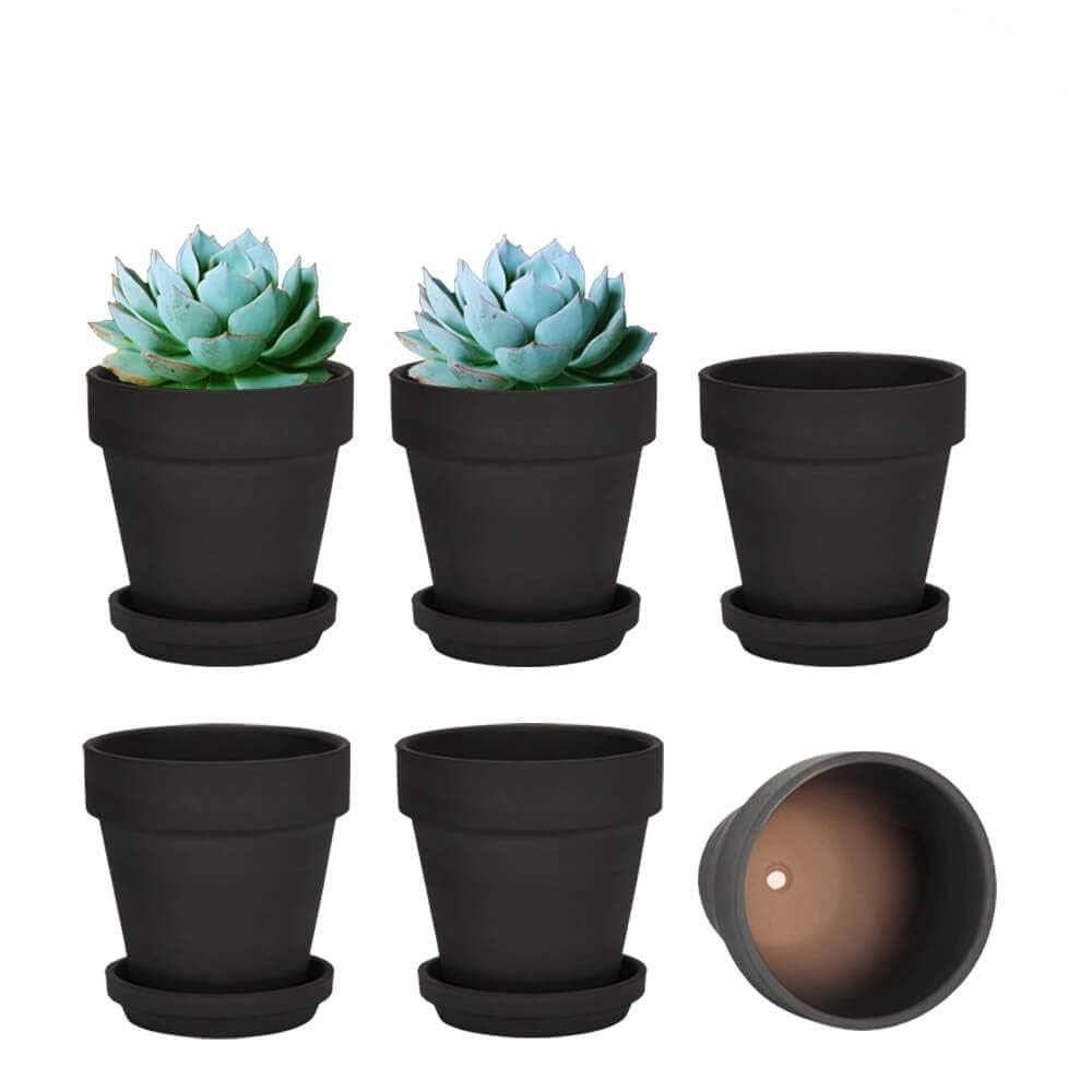 vensovo 12.7CM Black Clay Pot for Plant with Saucer - 6 Pack Terra Cotta Plant Pot with Drainage Hole, Flower Pot with Tray, Terracotta Pot for Indoor Outdoor Plant