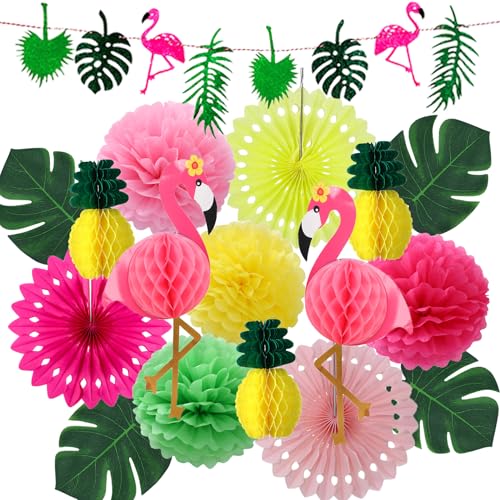 Image of Hawaiian Tropical Birthday Party Decorations, Flamingo and Palm Leaves Banner Pineapple Flamingo Honeycomb Ball Tissue Paper Fan Pom poms Flowers for Summer Luau Beach Party Suuplies